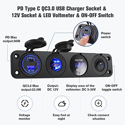 USB C & QC3 12 Volt Power Socket